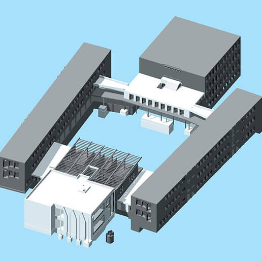 Isometrische Darstellung eines modularen Gebäudekomplexes mit verbundenen Flügeln und zentraler Struktur mit Dachfenstern auf hellblauem Hintergrund der Gustav-Leutelt-Schule Neugablonz