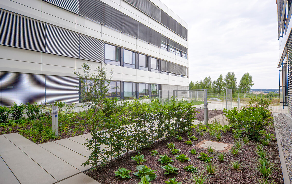 Außenansicht Bürogebäude T35 Audi Ingolstadt - Grünfläche mit Büschen und Bäumen vor einem modernen Gebäude mit wellenförmiger Fassade und strukturierten Wänden