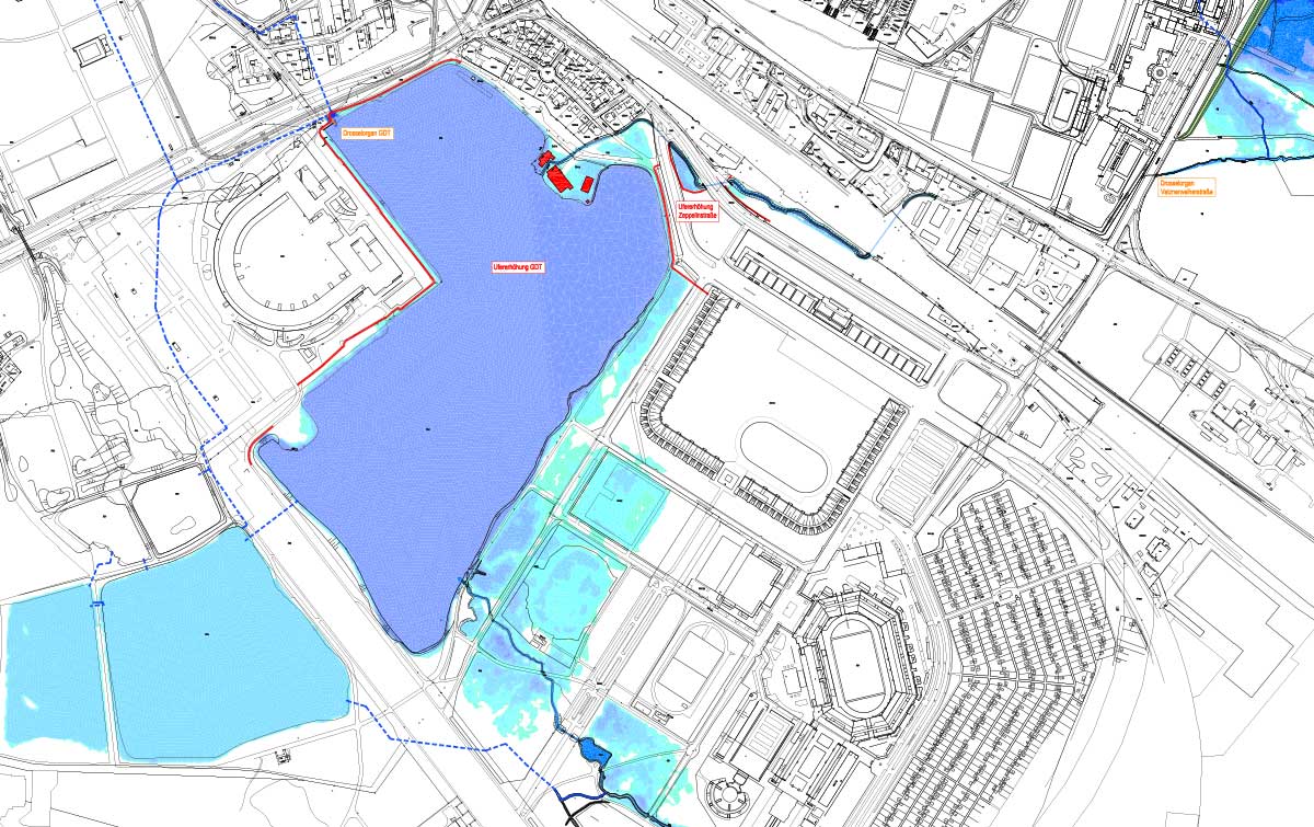 Ausschnitt eines Stadtplans mit farbigen Hervorhebungen. Ein grosses Gewässer ist blau markiert und von verschiedenen Gebäuden und Strassen umgeben.